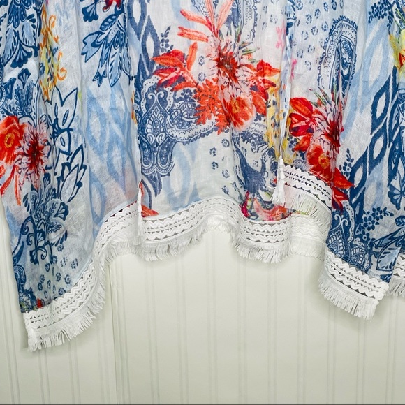 Chico’s NWOT Ikat Paradise Ruana linen fringe kimono coverup top Small/Medium - Picture 3 of 13